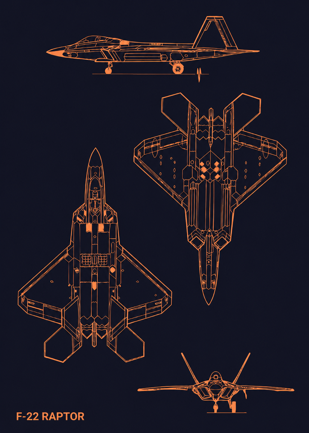 Orange technical line drawings of an F-22 Raptor from four angles on a dark background.