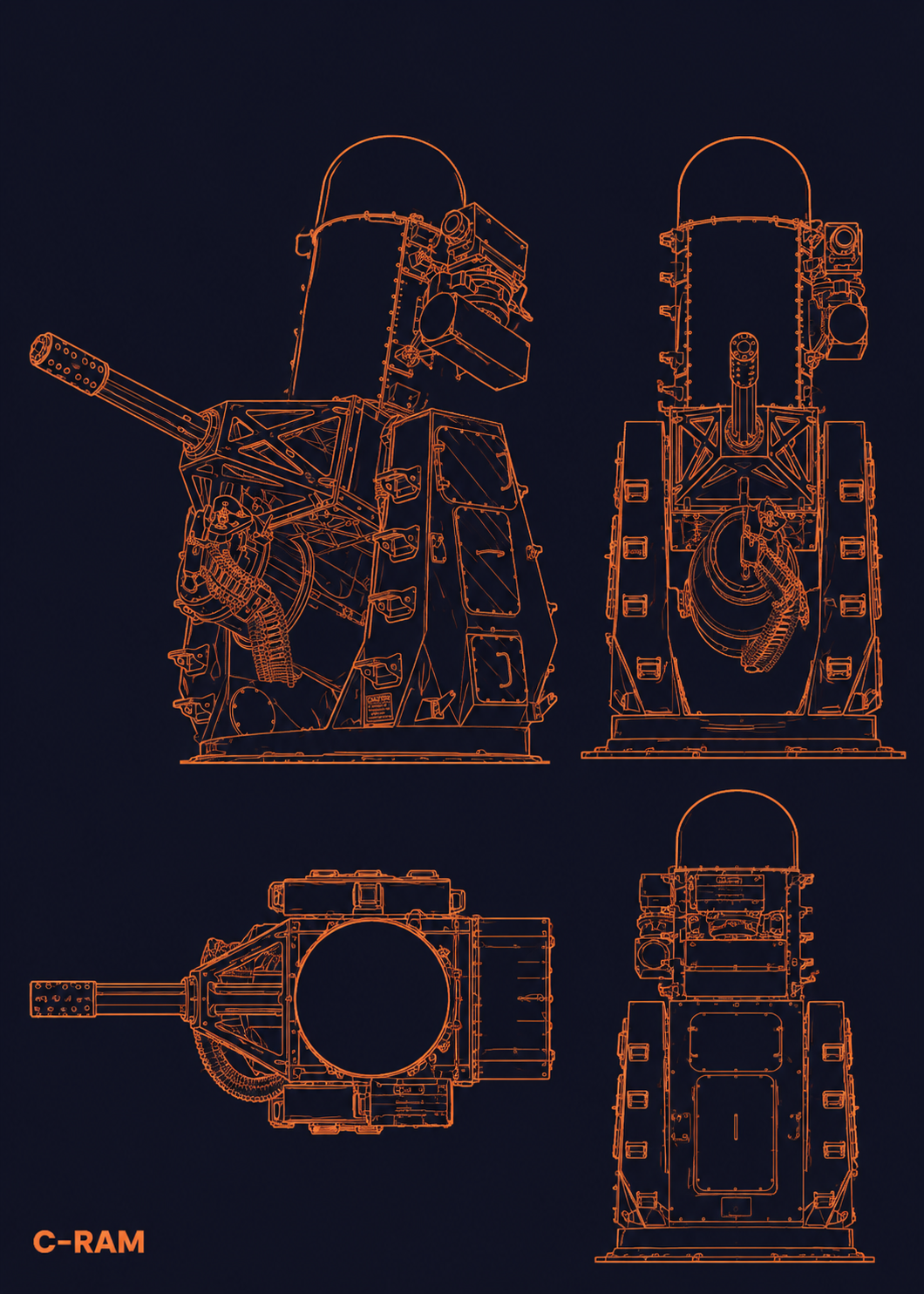 Orange technical line drawings of a C-RAM air-defence system from four angles on a dark background.
